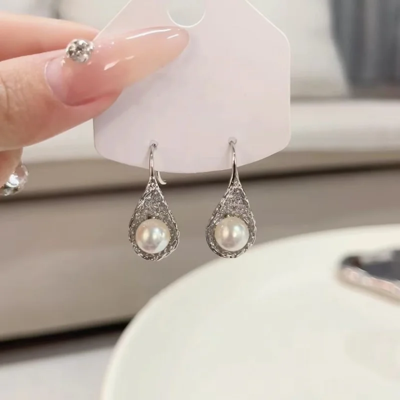 S925Sterling Silver Niche High-Grade Drop-Shaped Bird's Nest Pearl Earrings Elegant Graceful All-Matching Hollow Drop-Shaped Ear