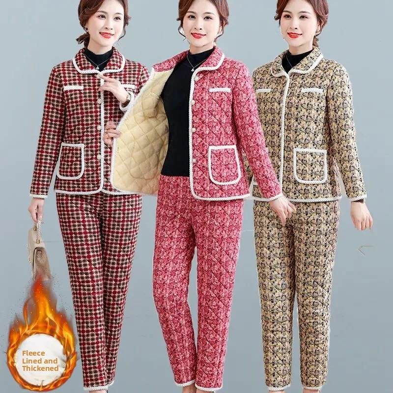 

Thiened Fce Women's Cotton Jaet Warm Home Clothes Set Large Size Winter Coat Pants Suitable for Middle-Aged Women