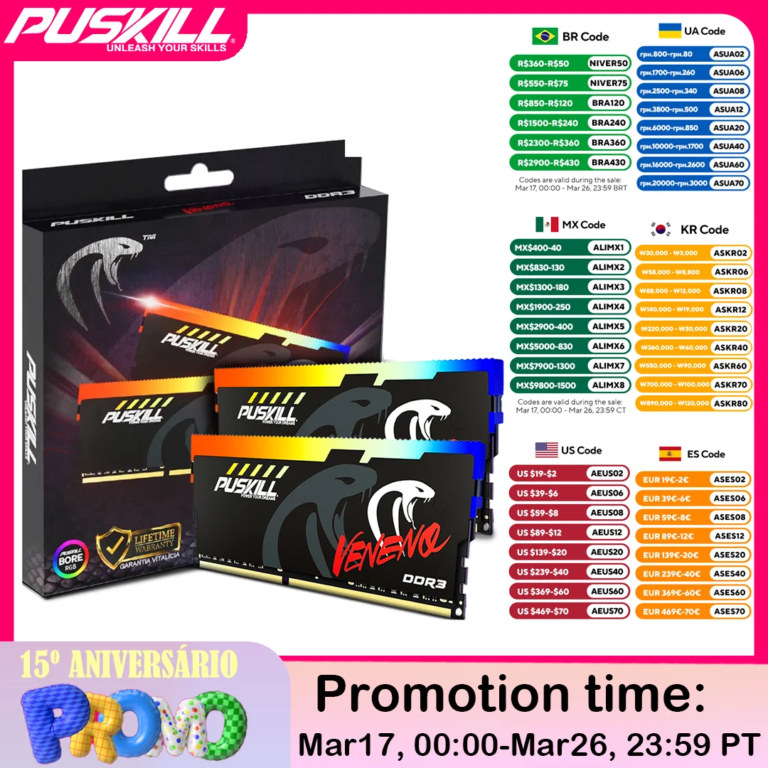 PUSKILL Memoria RAM RGB DDR3 8GBx2 1600MHz 12800S Udimm Dual Channel DIMM Desktop Memory Rams