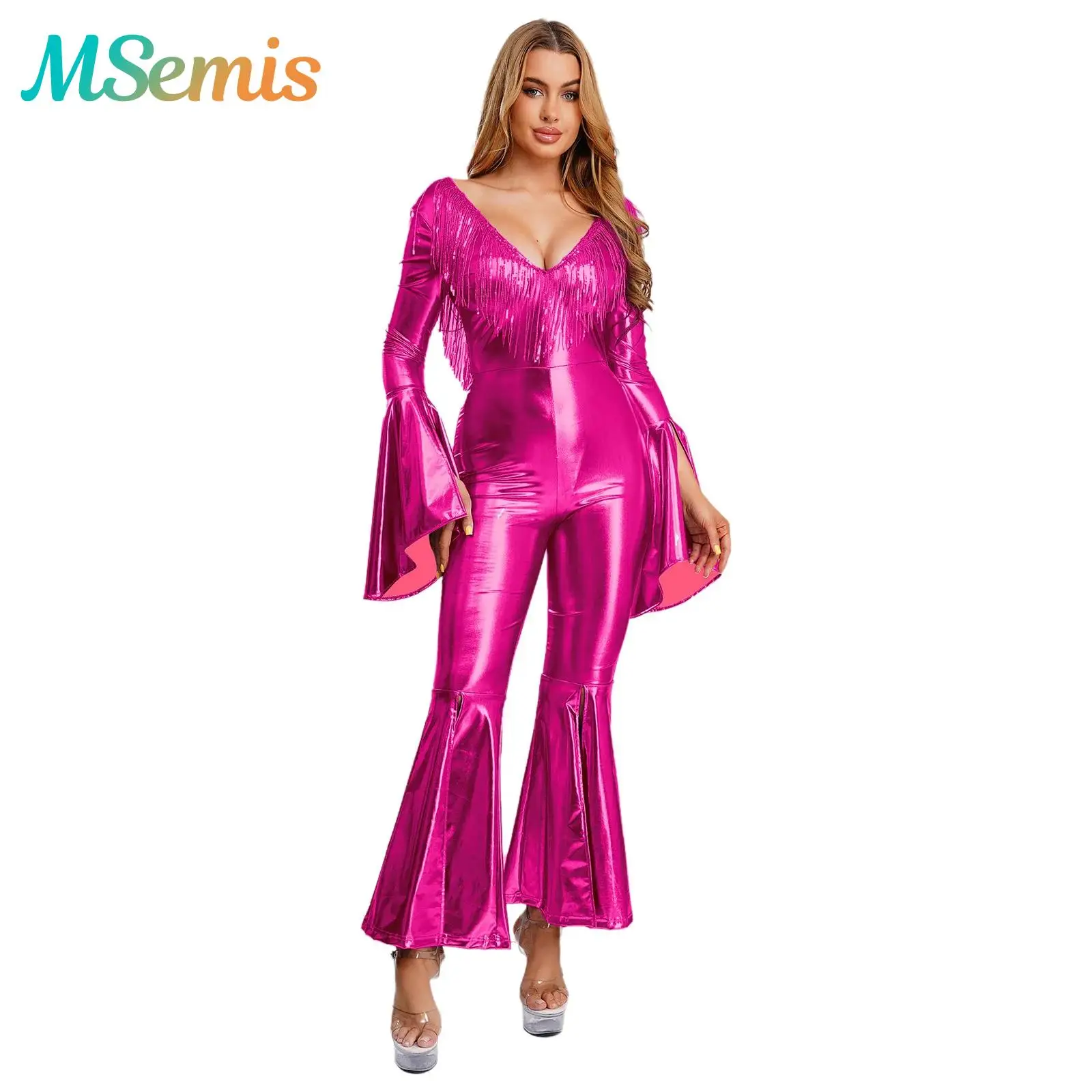 Womens Disco Hippie Club Ballroom Dance Costume Sequin Tassel Rompers Backless Flared Cuffs And Legs Metallic Bodysuit Jumpsuit