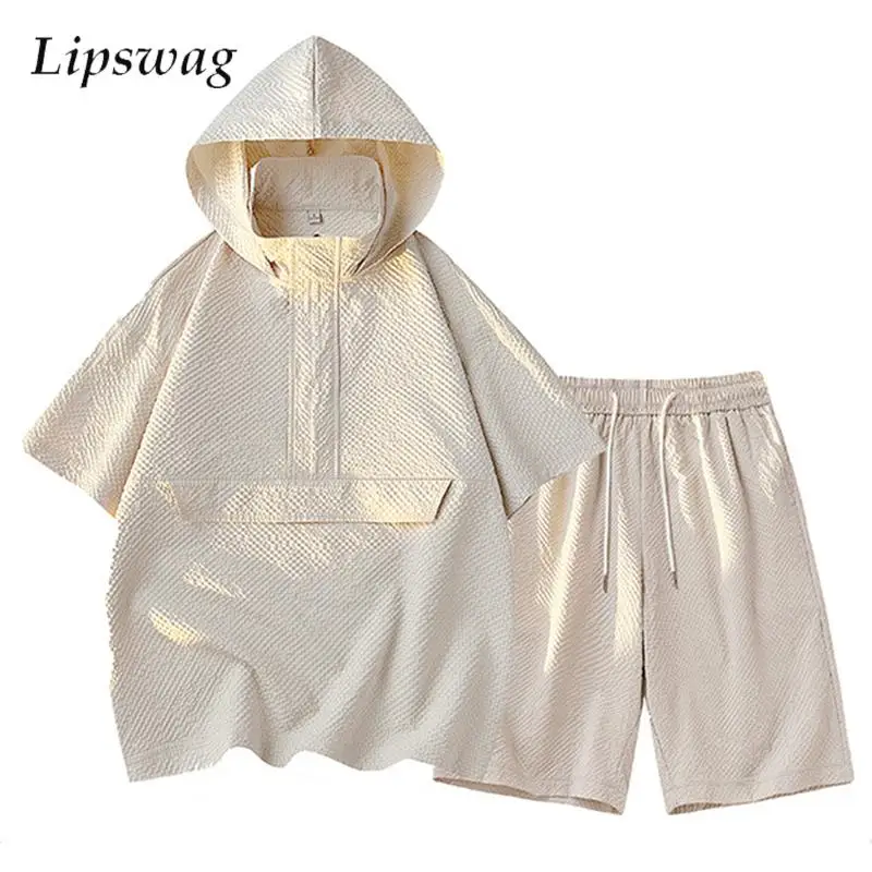 

Streetwear Mens Hoodie Tracksuits Solid Color Short Sleeve Hooded T Shirt And Shorts Two Piece Sets Men Summer Vintage Outfits