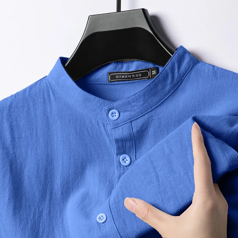 New Linen Cotton Shirts for Men Lightweight Long Sleeve Henley Beach Breathable Shirt