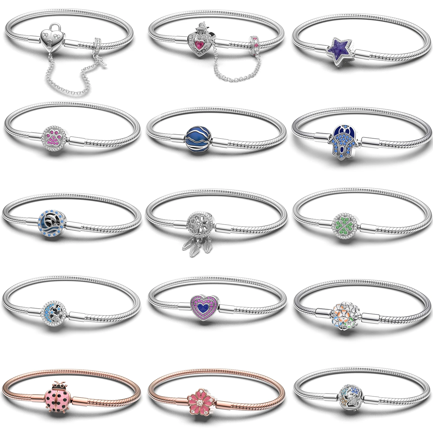 925 Sterling Silver Snake Chain Bracelets, Enamel Crystal Decor Base Bracelet for Charms, Gift for Women Girls