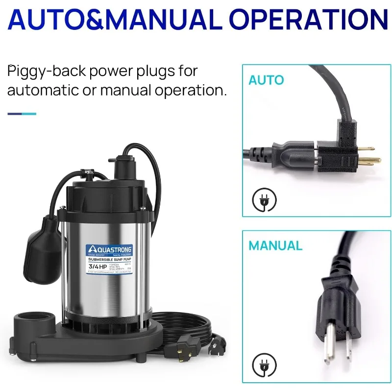 4200 GPH Stainless Steel and Thermoplastic Submersible Water Pump, Automatic Float Switch with Piggy-back Plug