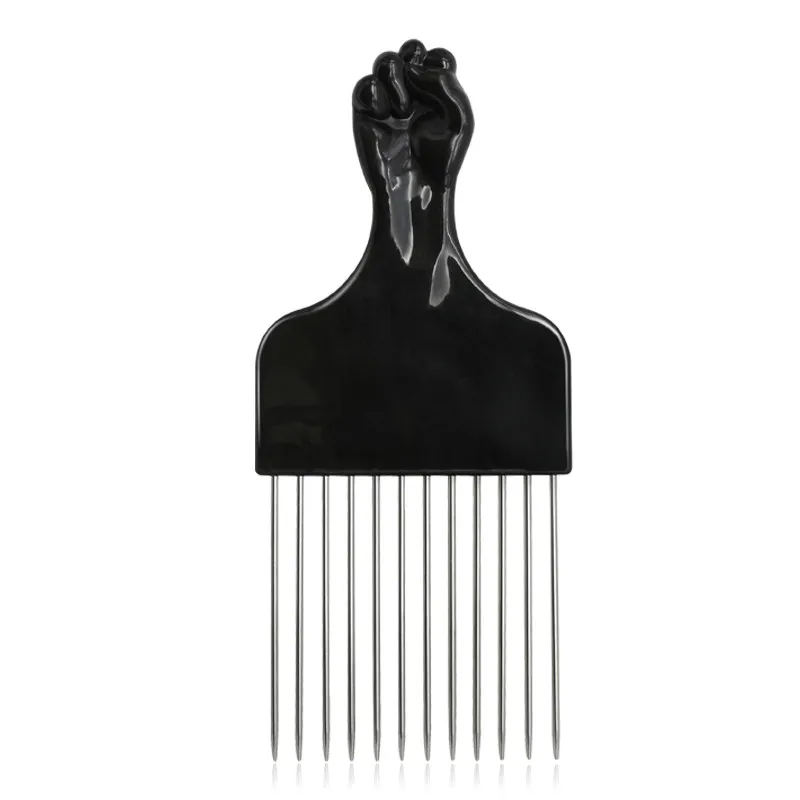 Professional Wide Teeth Fist Shape Black Handle Afro Pick Hair Comb Metal Salon Comb