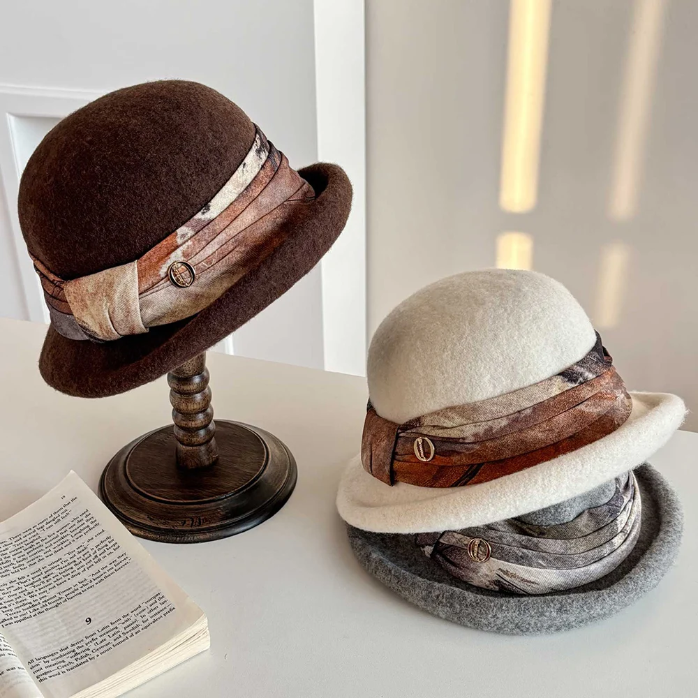 

Благородная элегантная ручная работа украшает шерстяную панама с закатанными полями, женская осенне-зимняя теплая кепка для бассейна, вечерние, дорожные, французский цилиндр