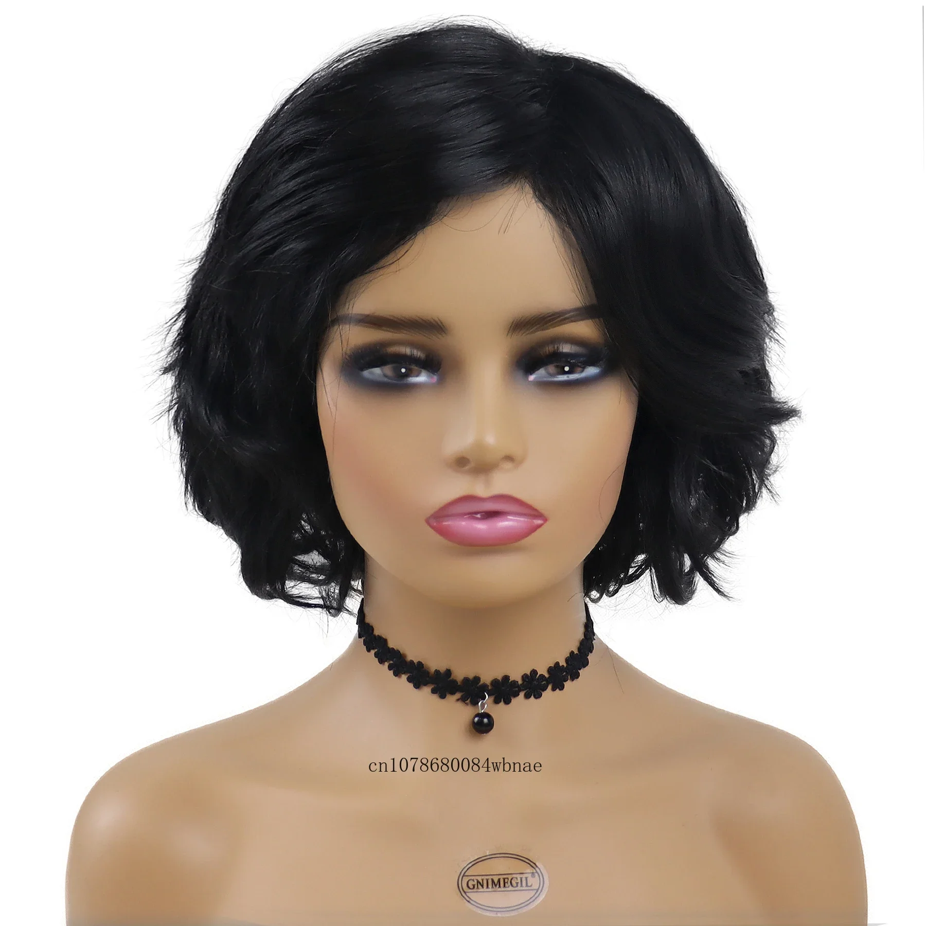 Black Wig for Women Synthetic Short Bob Curly Wigs Side Parting Bangs Daily Cosplay Halloween Party Mommy Wig Heat Resistant