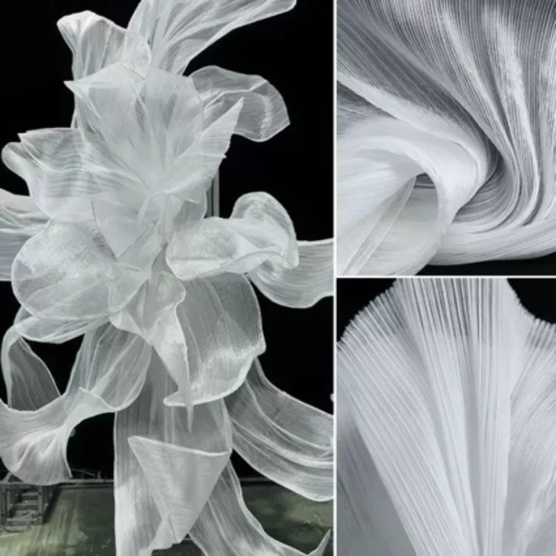 

White bright pleated texture, organza fabric, floral styling fabric