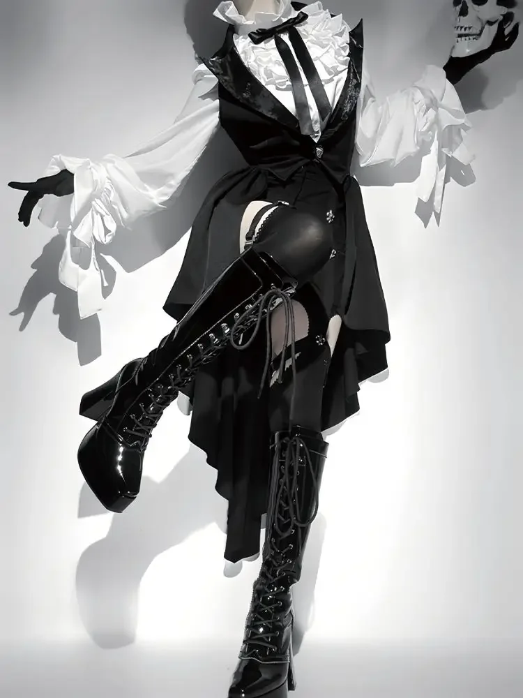 النساء 3 قطعة مجموعات السراويل وتتسابق الوقوف الرقبة البلوزات البيضاء الدانتيل المرقعة السراويل القوطي غير النظامية سترة بدلة معطف شيك اليابانية مجموعة