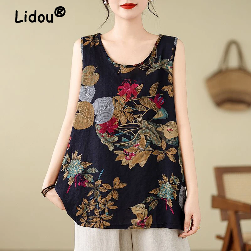 2024 Summer Women Vintage Fashion Floral Print Ethnic Style Sleeveless Vest Casual O Neck Oversized Cotton Linen Tunic Tank Tops