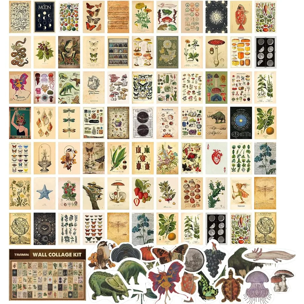 

100 PCS Vintage Posters, Collage Kit Aesthetic Pictures, Cottagecore Room Decor for Bedroom, Cute Dorm Photo Wall Decor f