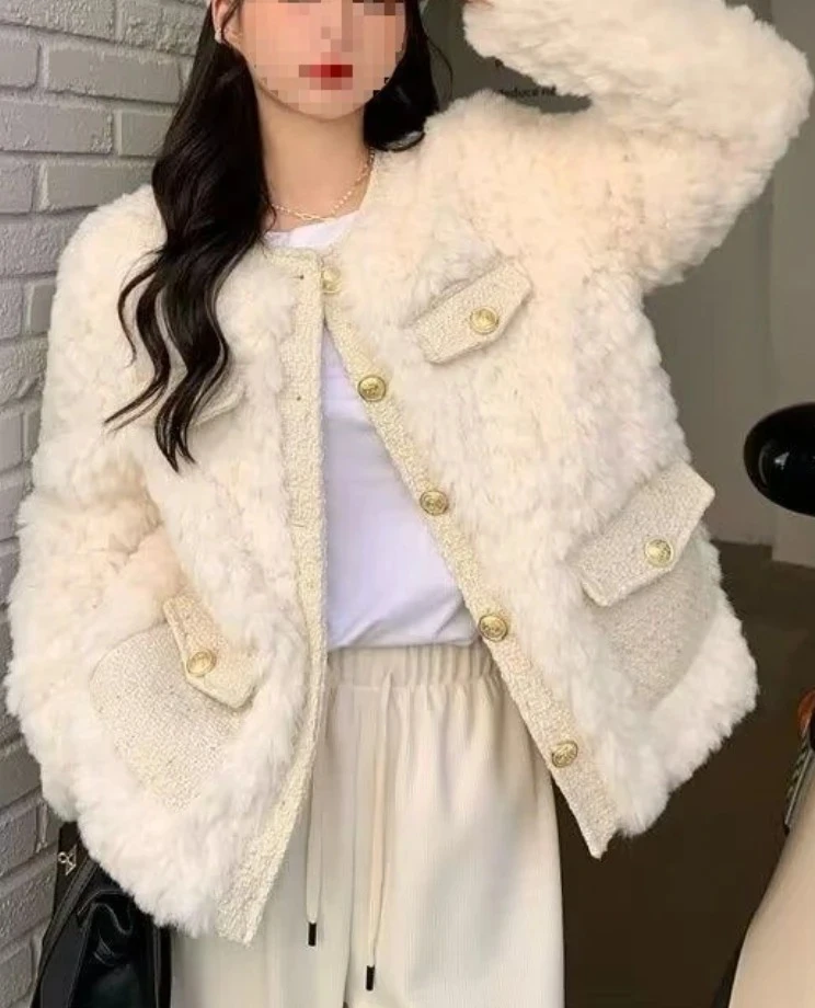 

Thickened Fashionable Lamb Wool Jacket for Women's Winter New in Style Plush Casual Loose Round Neck Outerwear Tops