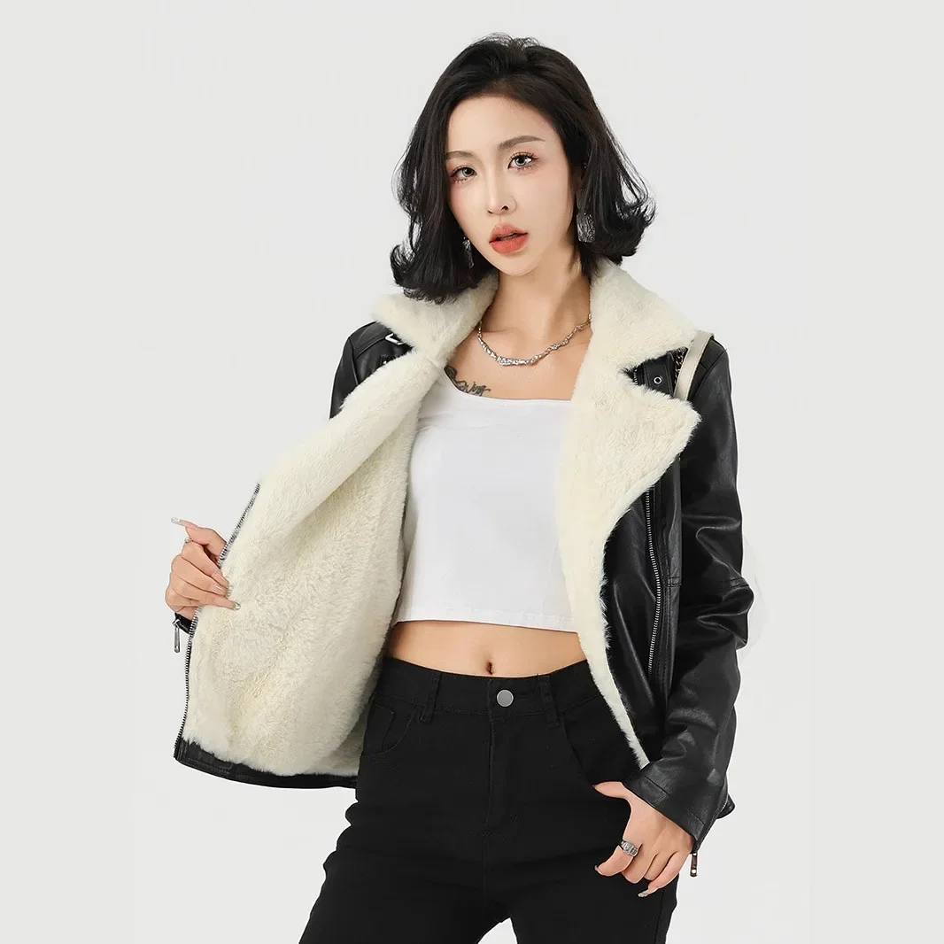 

Fashionable Thickened Short Leather Jacket Women's Warm Fleece Lined PU Leather Coat Stylish Biker Style for Women
