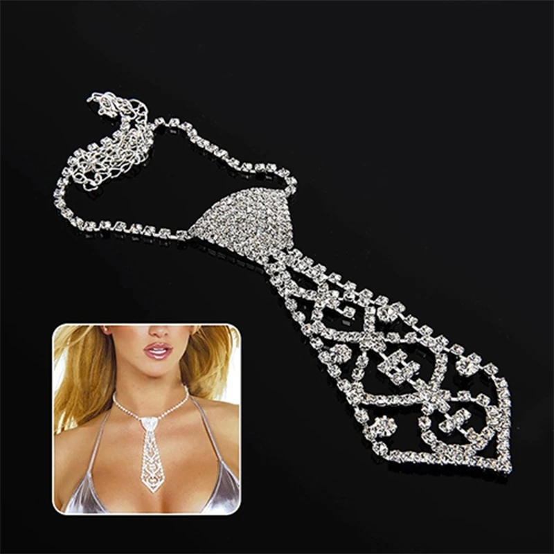 Women Sexy Glitter Rhinestone Necktie with Adjustable Long Chain Hollow Clavicle Shiny Jewelry Diamond Necklace Choker F3MD