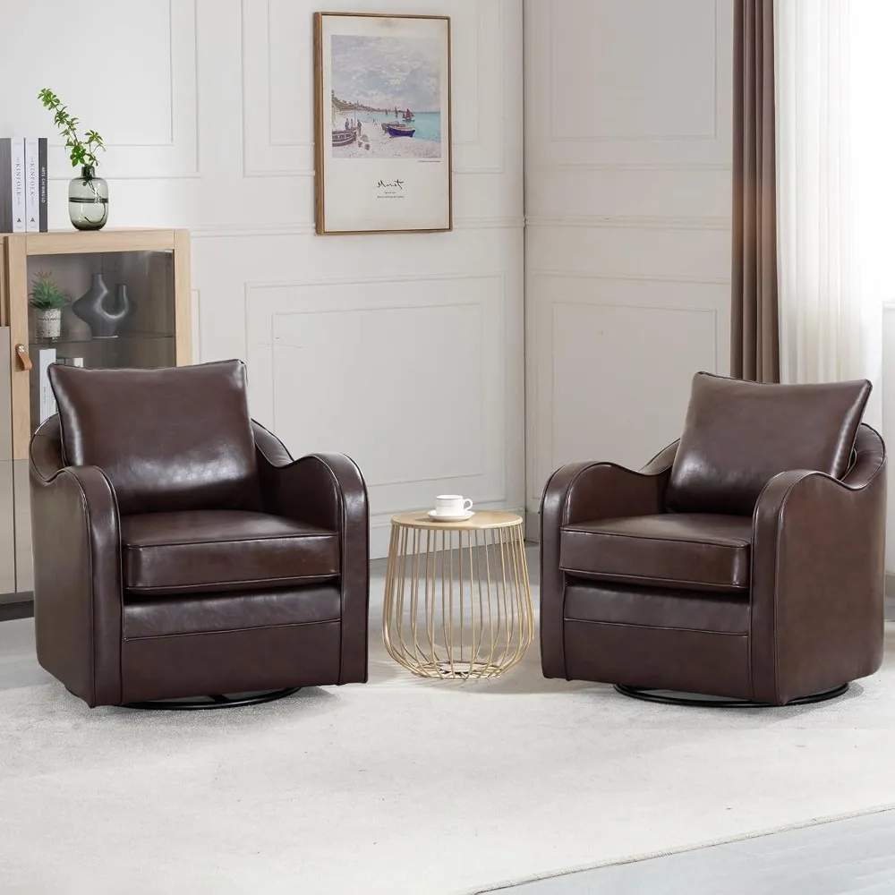 Living Room Chair Set of Two with Plump Back Pillow, Waterproof Oil Waxed PU Leather Swivel Armchair with Rivets, Accent Chair