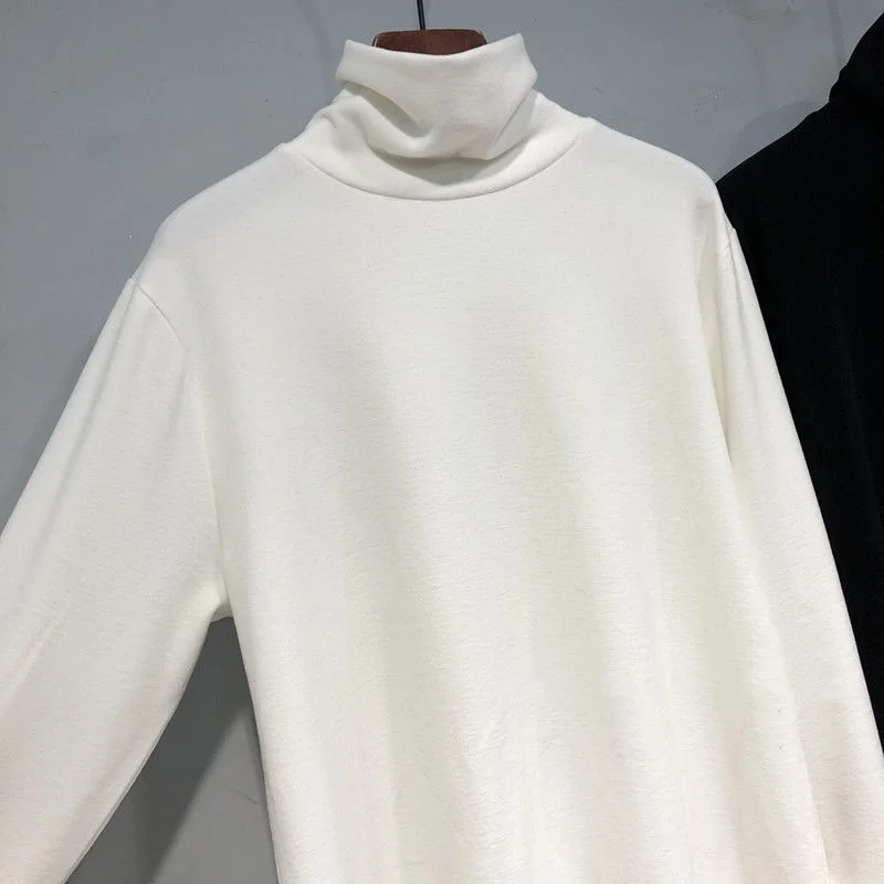 Autumn Winter Solid Color Fashion Long Sleeve T-shirt Women High Street Casual All-match Pullovers Mid-length Plus Velvet Tops