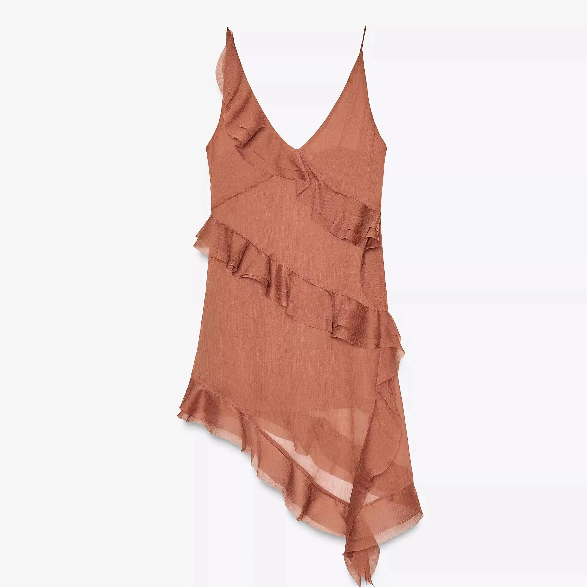 Vestido curto de verão, recém-chegado, assimétrico, em camadas, com alças decorativas, e, com cintura marcada, sem man...