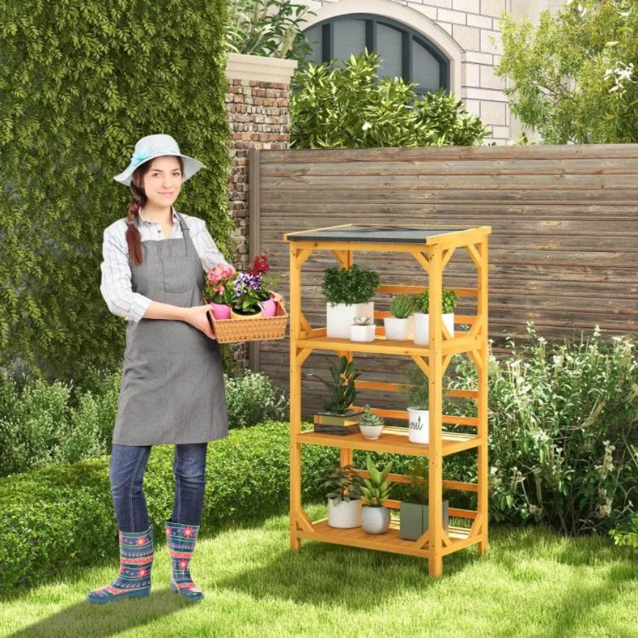 

3Tier Wooden Plant Stand with Weatherproof Asphalt Roof for Patio