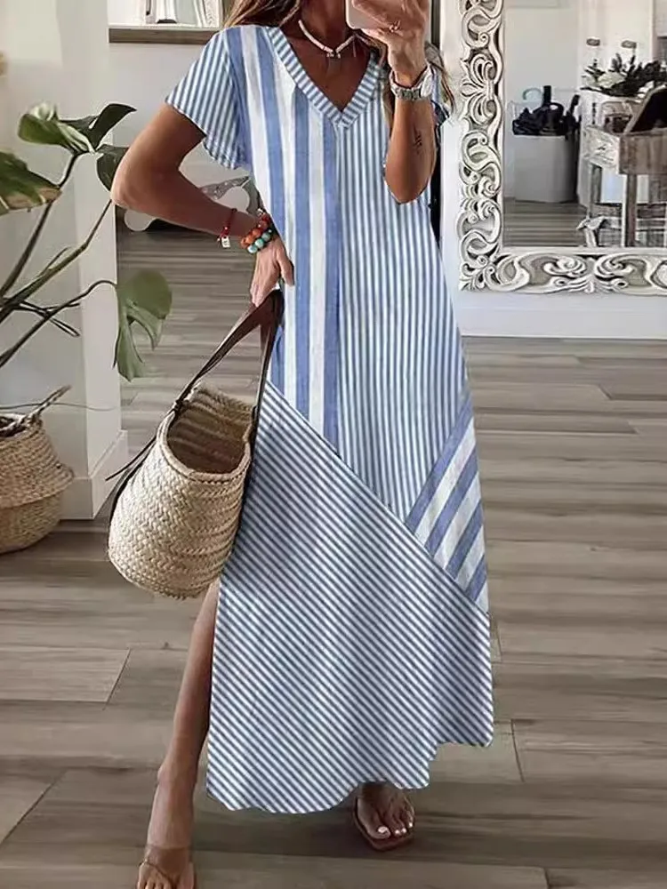 

Women Striped Print Dress Fashion V Neck Short Sleeve Pullover Dresses Robe Femme Casual Office Skirt Womens Clothing Summer New
