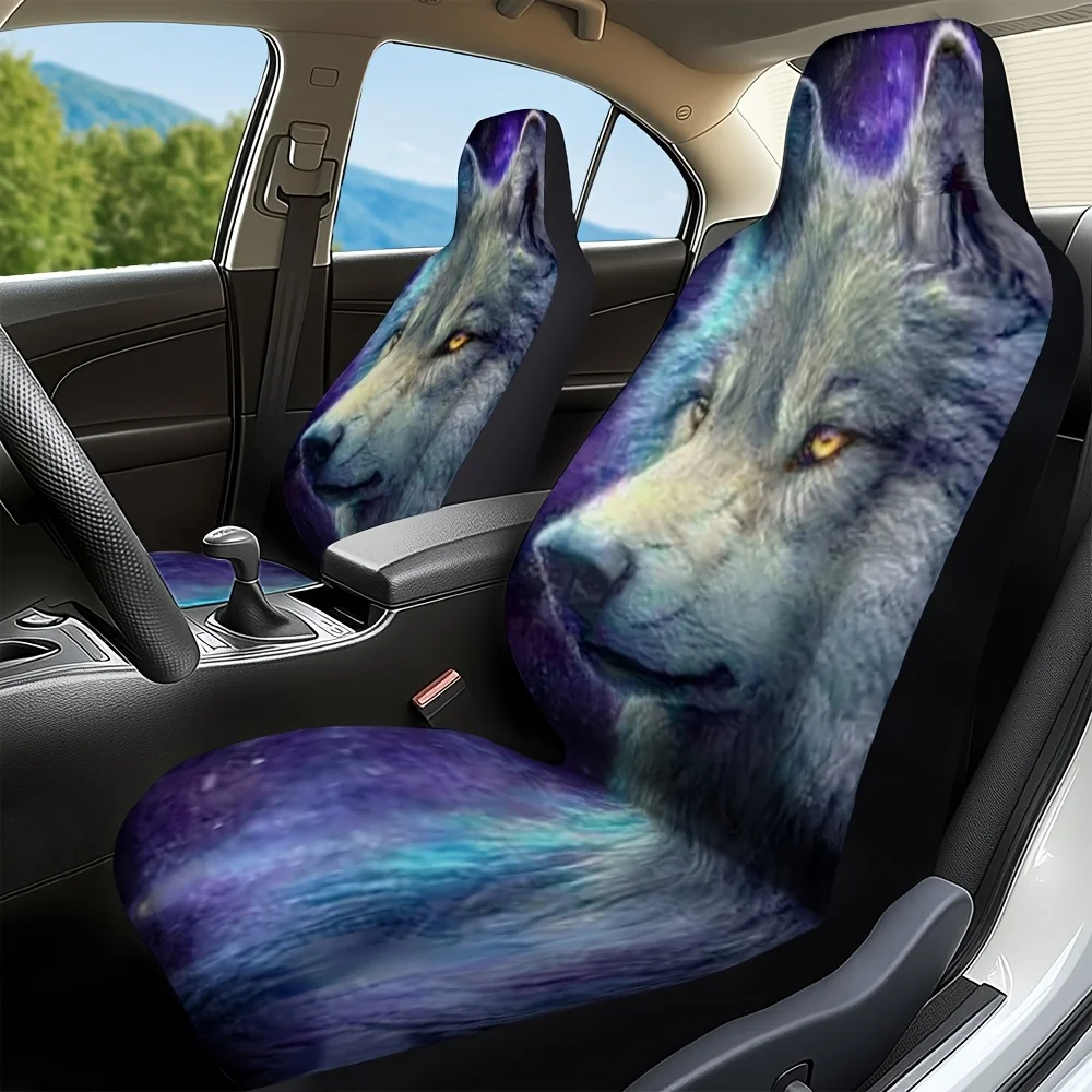2pcs, Modern Ing Wolf Fantasy Animal Print Front Seat Covers, Fit For Front Seats, Adds Comfort And Fashion To Driver And Passe