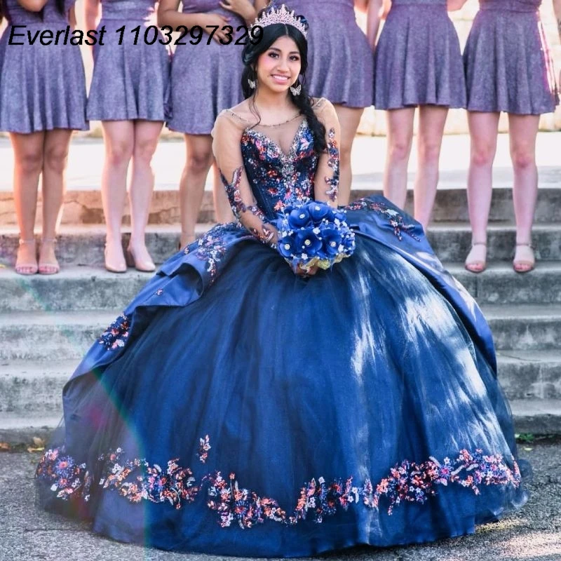 

EVLAST Navy Blue Quinceanera Dress Ball Gown 3D Flowers Applique Beads Tiered Long Sleeve Sweet 16 Vestidos De XV 15 Anos TQD704