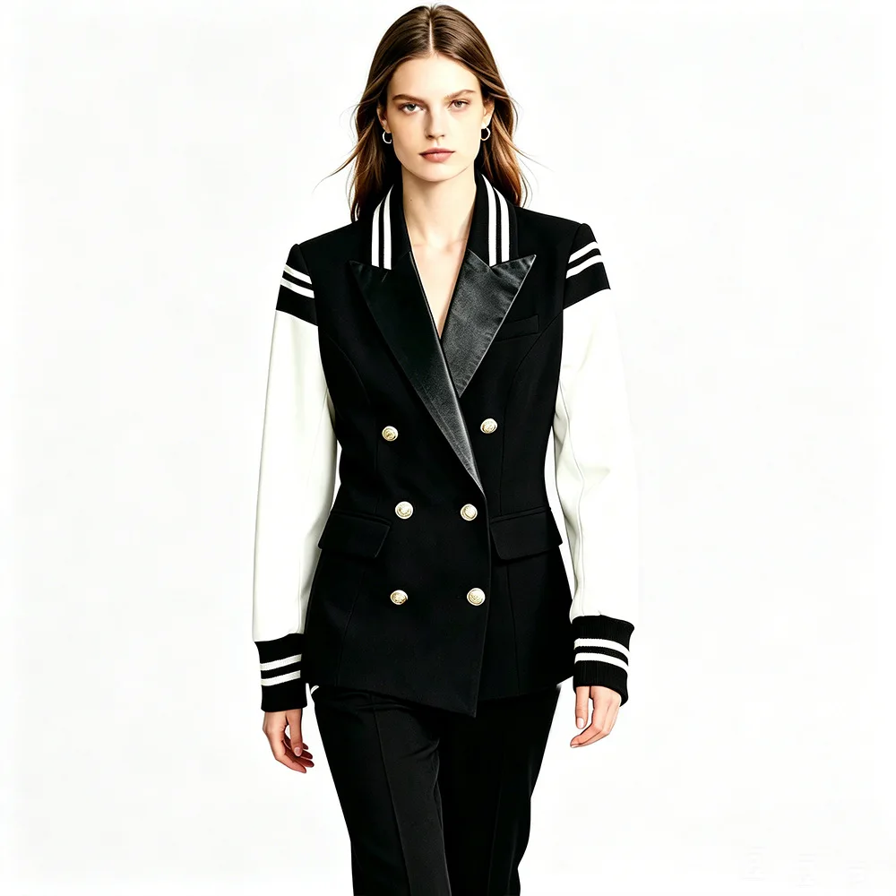 Lady Fashion Designed Lady PU Patchwork Wear Notched Double-breasted Long Sleeve Preppy Style Striped Blazer for Women