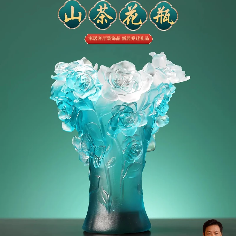 XL Light Luxury Blue Green Rose Three-Dimensional Glass Vase Decoration Living Room Dining Table Flower Arrangement Home Decor