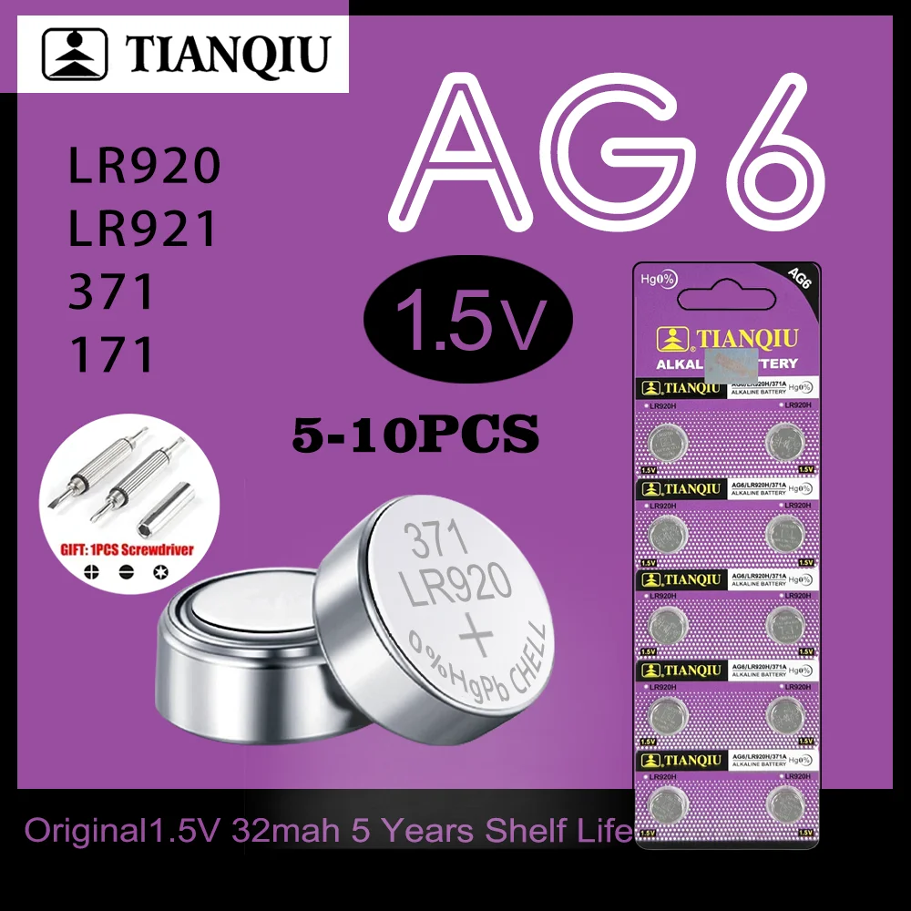 TIANQIU Alkaline Battery AG6 1.55V Button Coin Cell 371 SR920SW LR920 SR927 171 370 L921 LR69 SR920 Watch Battery Drop Shipping