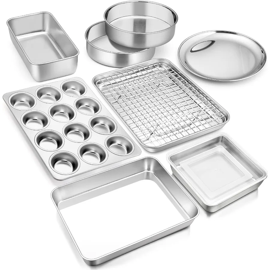 

10-Piece Baking Pans set, Stainless Steel Bakeware Set for Oven, Include Cake Pan/Baking Cookie Sheet/Pizza/Muffin/Loaf Pan, Non