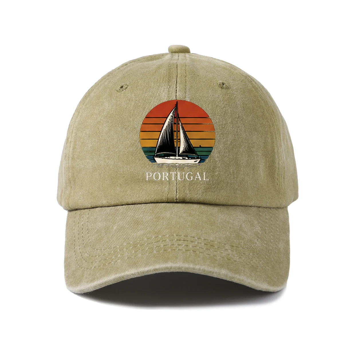 Portugal Sunset Sailboat Graphic Baseball Cap, Vintage Washed Adjustable Unisex Dad Hat, Streetwear Gift