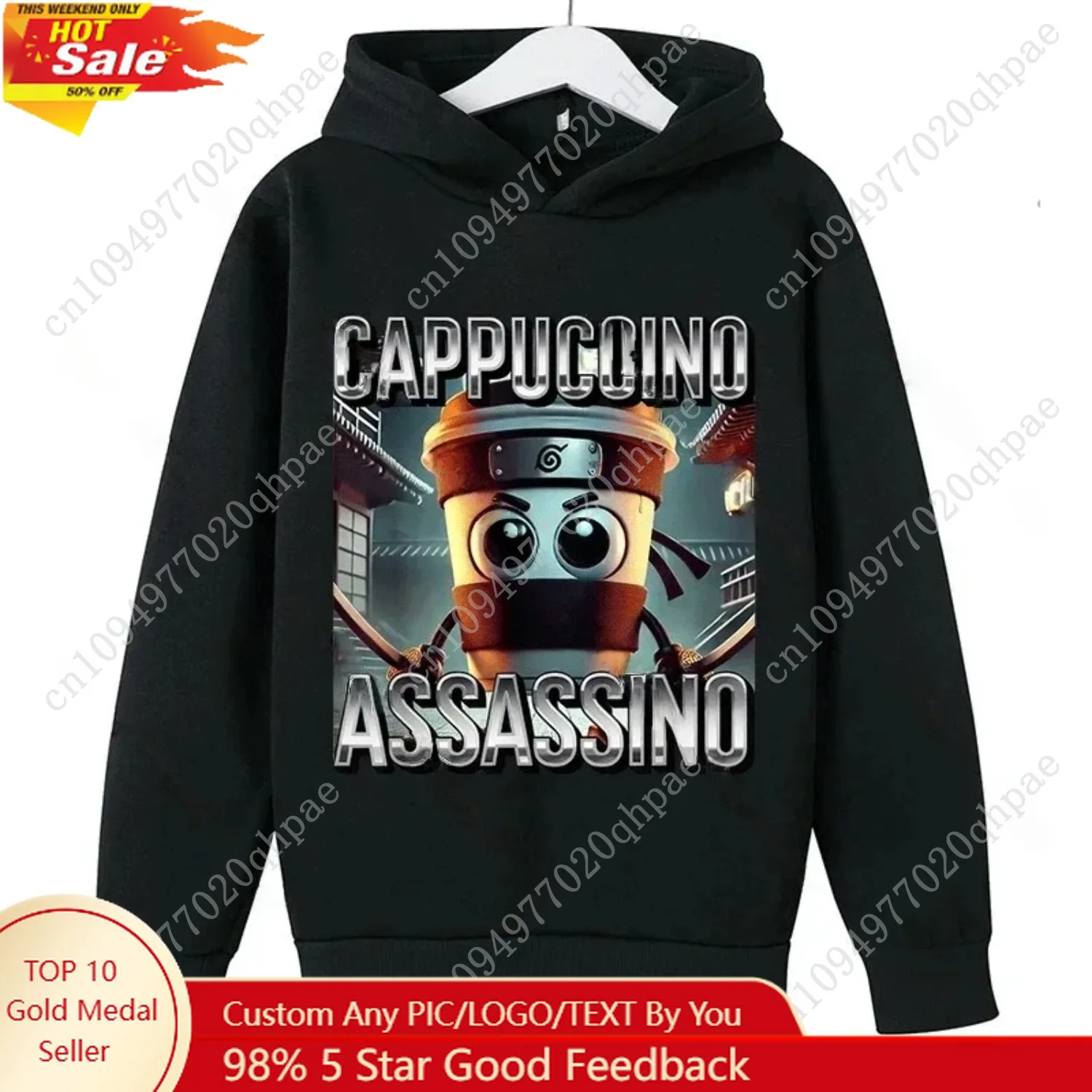 

Kids Italian Brainrot Cappuccino Assassino Fun Emoji Printed Pullover Hoodie Boys Girls Outdoor Casual Warm Hooded Sweatshirt