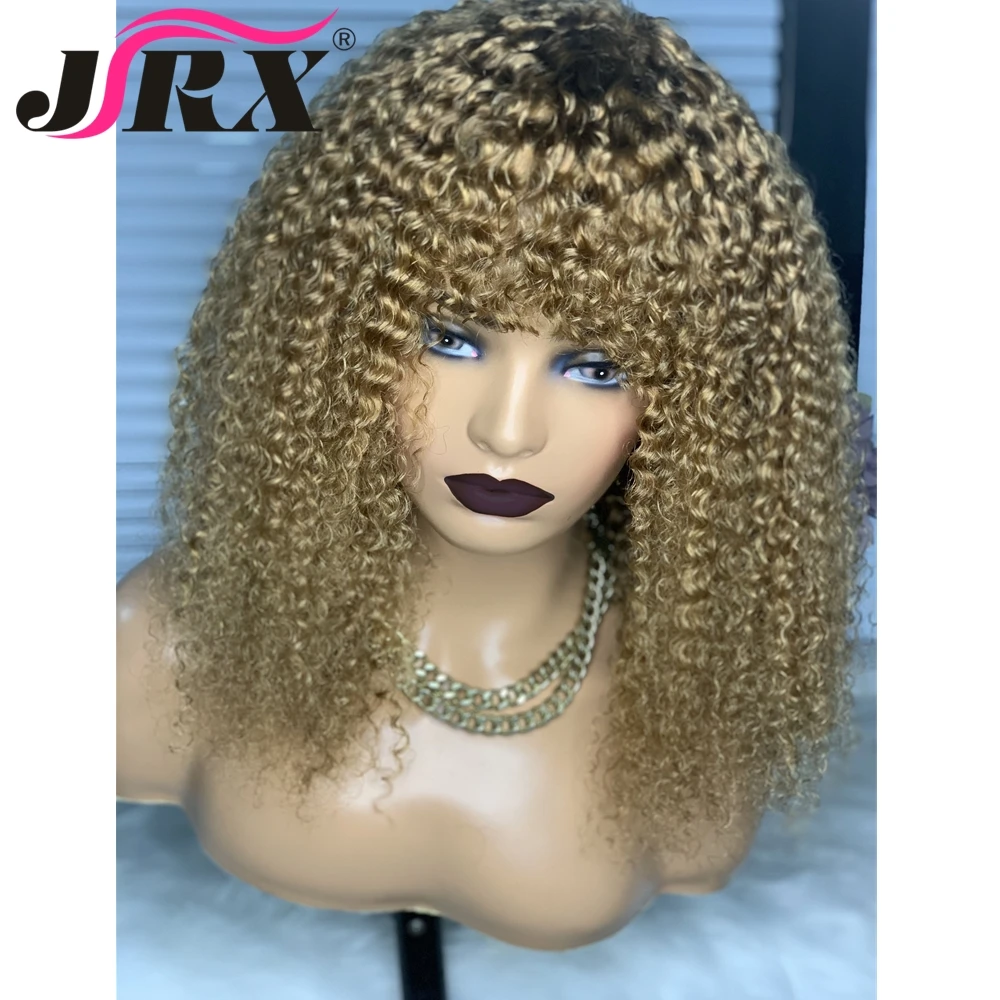 

Short Curly Remy Human Hair Machine Made Wigs for Women Honey Blonde Peruvian Hair Afro Kinky Curly Human Hair Wigs with Bangs