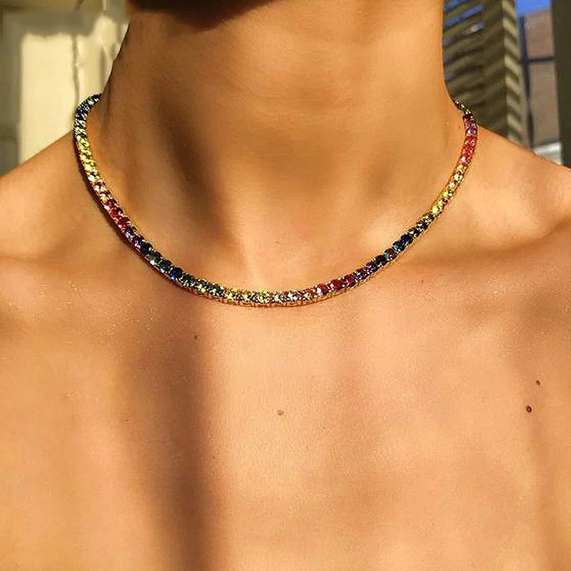 High Quality Rainbow Full 4mm Cz Paved Tennis Chain Choker Necklaces For Women Charm Gold Color Hip Hop Fashion Wedding Jewelry