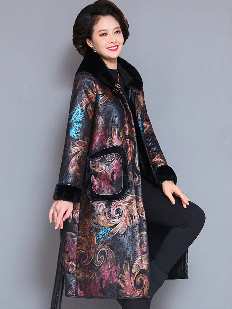 Mother Winter Long Coat New Female High-end Floral Jacket Large Size Fur One Thickening Plus Velvet Middle-aged Cotton Clothes