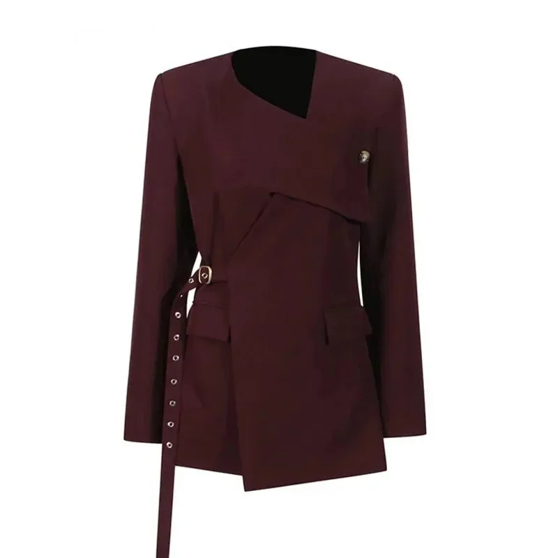 Solid Asymmetrical Blazers Women V Neck Long Sleeve Patchwork Lace Up Retractable Waist Slim Jackets Female 2024 Autumn New Coat