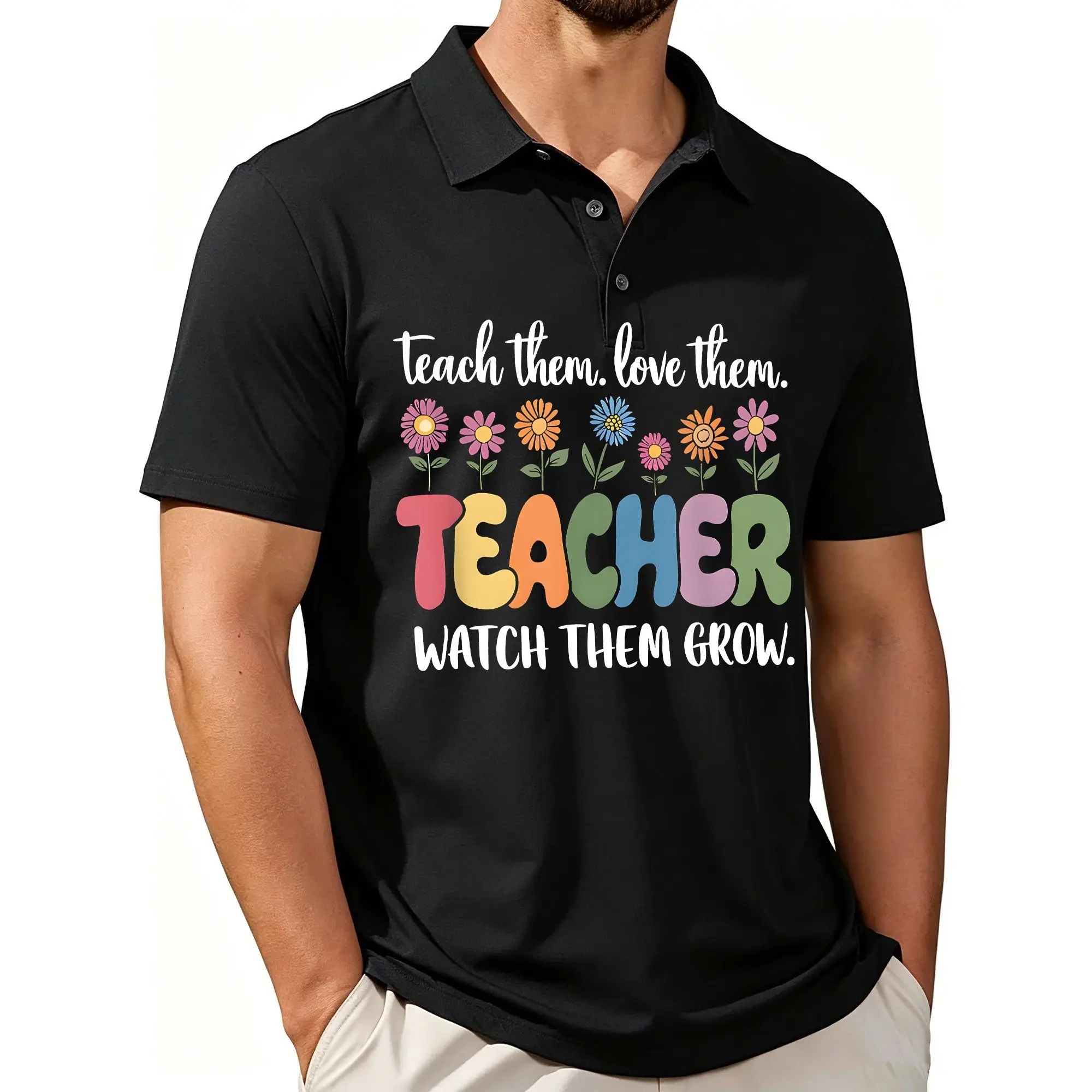 Men's Printed Short-Sleeve Polo Shirt, Designed to Support and Encourage Growth, with a Wildflower Teacher Theme, Featuring a Stylish and Casual Fit, Breathable Fabric, and Suitable for All Seasons.