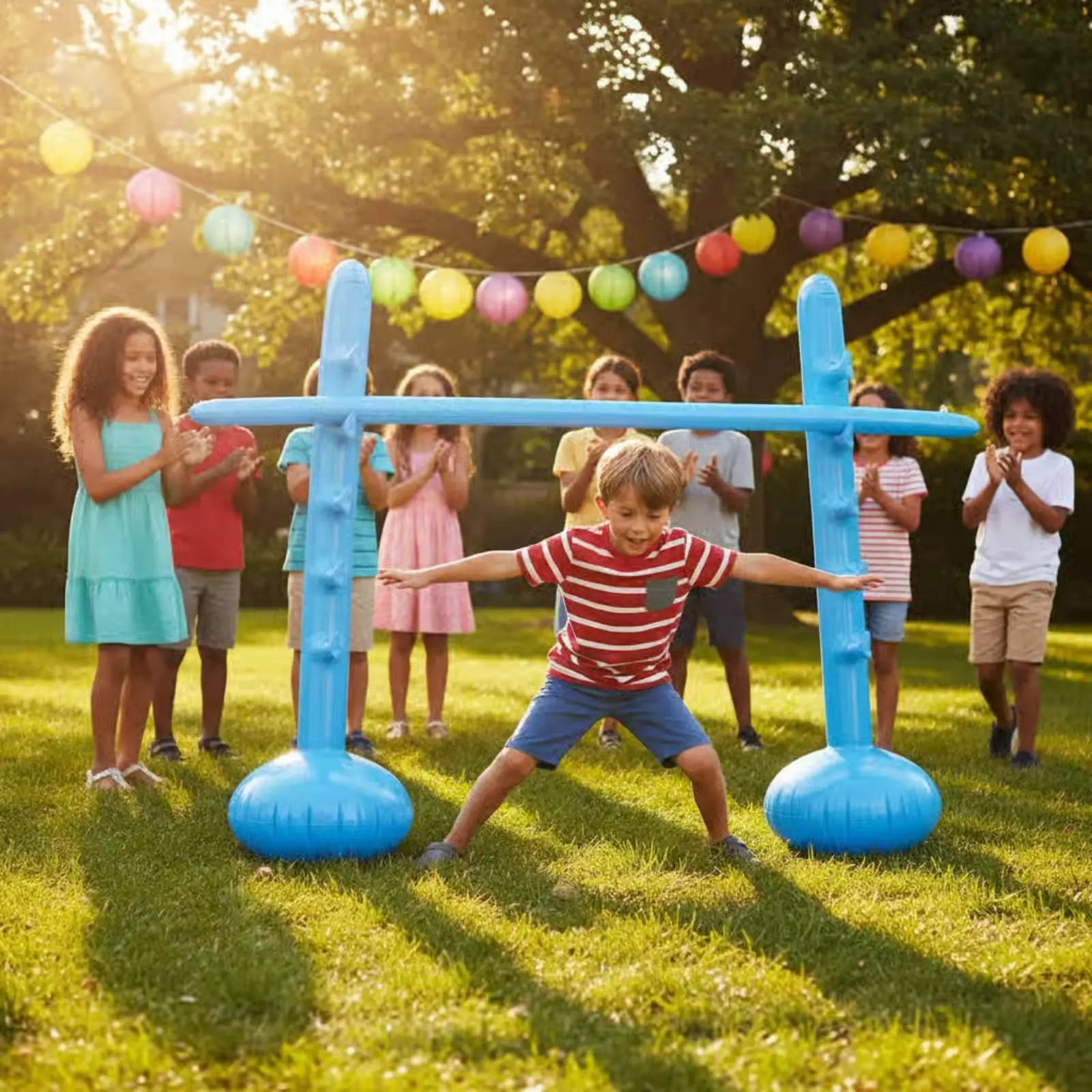 Interactive Inflatable High Jump Game with Water Base for Outdoor Gathering Adjustable Height Pegs Portable Party Toy