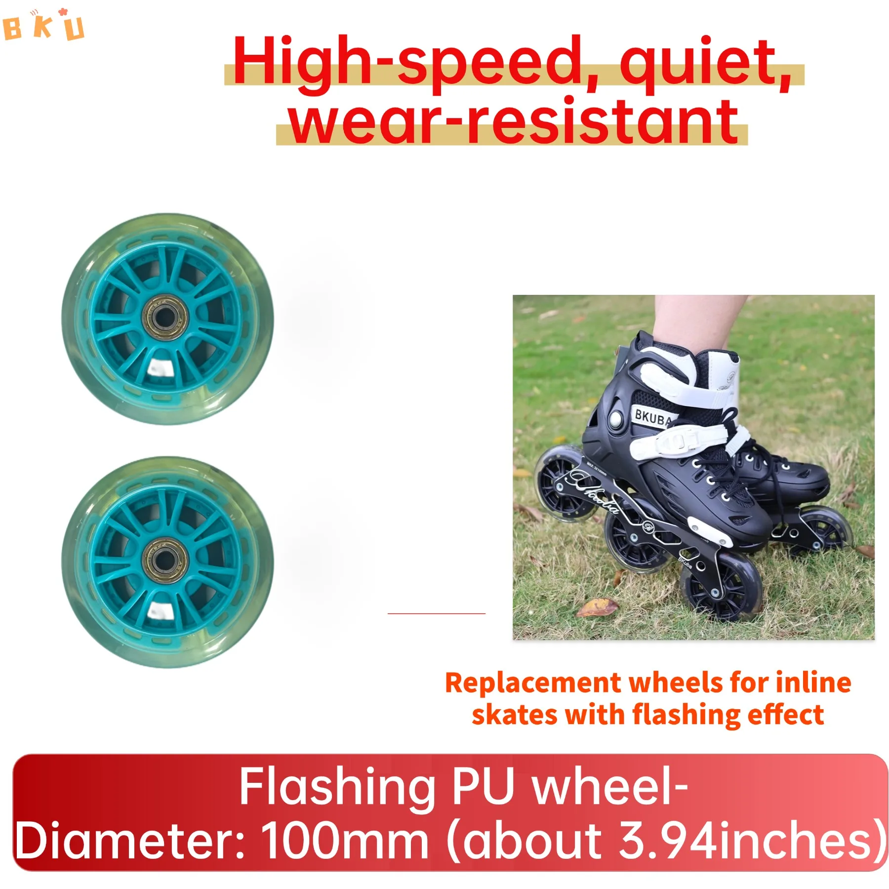 100 mm (4 Zoll) Blitzrollenräder – stummgeschaltete, langlebige, leuchtende PU-Räder, geeignet für Inline-Skates und Roller (2er-Pack)