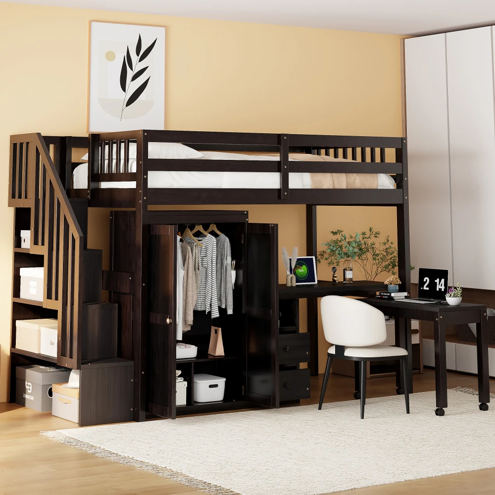 

Twin Loft Bed with Stairs, Bookshelf, Drawers, Desk & Wardrobe (Espresso): Space-Saving Multifunctional for Kids & Teens
