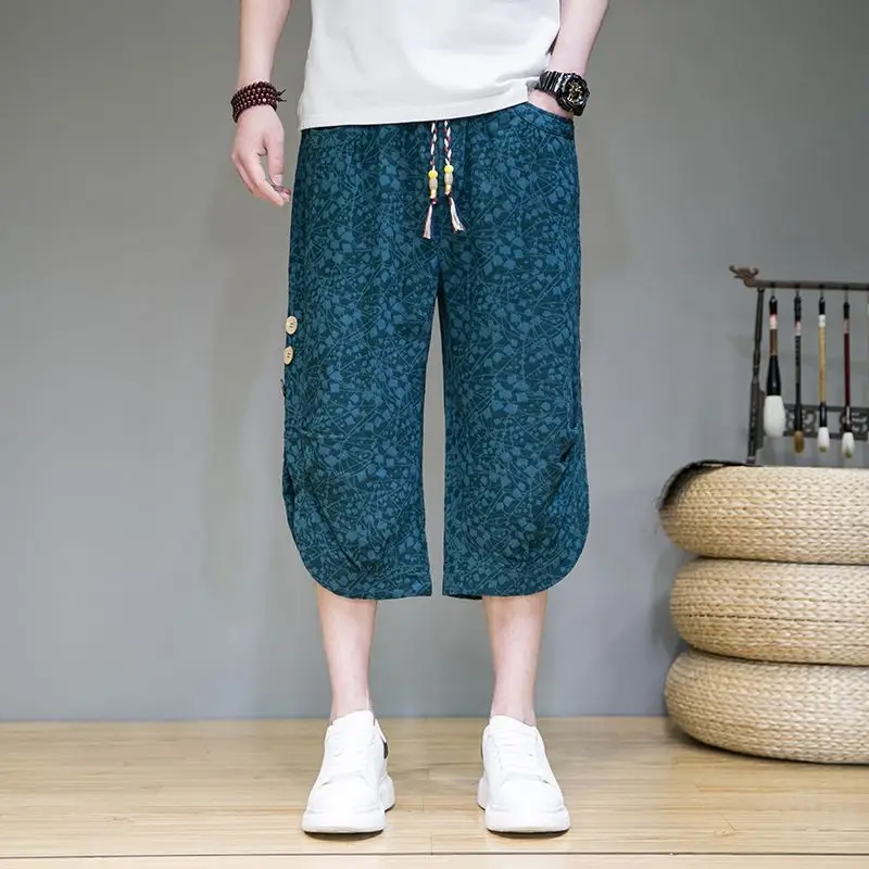 

Summer New Solid Color Fashion Elastic Waist Calf Length Pants Man Y2K Printing Pockets Patchwork Drawstring Straight Pants