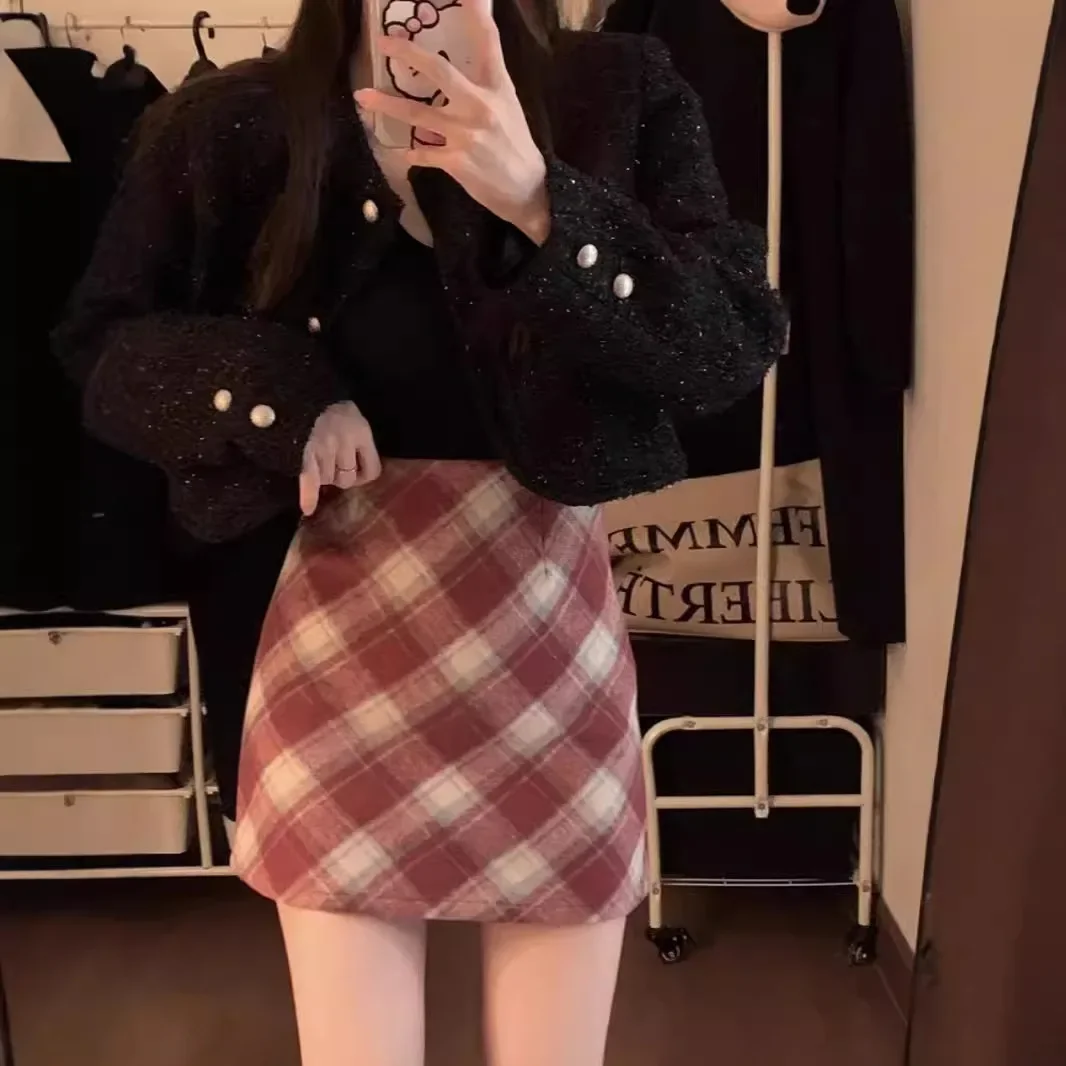 Retro plaid woolen skirt women's autumn and winter Korean version of the new large-size high-waisted and thin A-word hip-wrapped