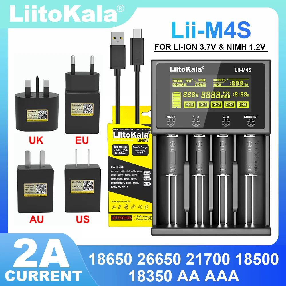 LiitoKala Lii-S2 Lii-S4 Lii-M4 Lii-M4S 18650 Multifunctional Battery Charger For 3.7V 26650 21700 18350 1.2V AA AAA And Other