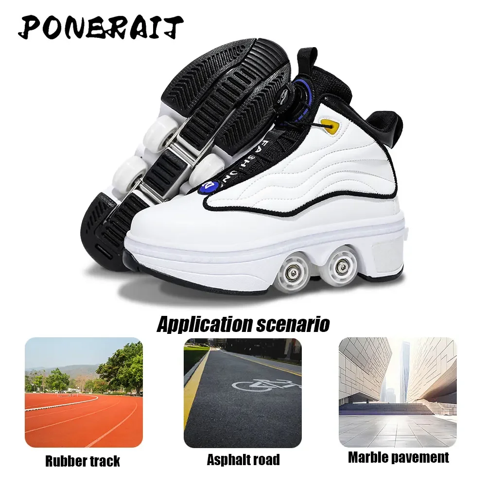 Unisex Automatic Retractable 4-Wheel Roller Skates Women\'s High Sneakers with Wheels Girls\' Dual-Purpose Skating Sports Shoes