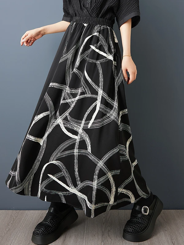

Bla Geometric Print Patchwork A-Line Midi Skirt Loose Fit Slimming Summer New Sle Artistic High Waist Commute Vintage