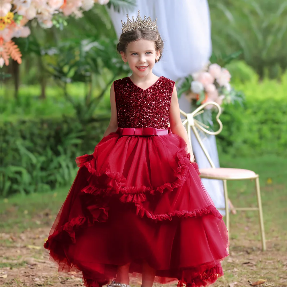 

Girls' Long Wedding Party Dress Fluffy Mesh Princess Bubble Sleeve Eucharist Banquet First Sequin Beaded Ball Party Dress