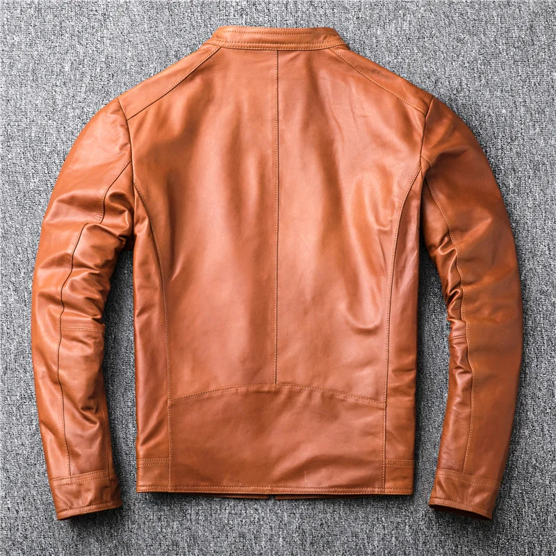 Chaqueta de piel auténtica para Hombre, abrigo Vintage de piel de oveja Natural, informal, naranja, primavera y otoño, 100%