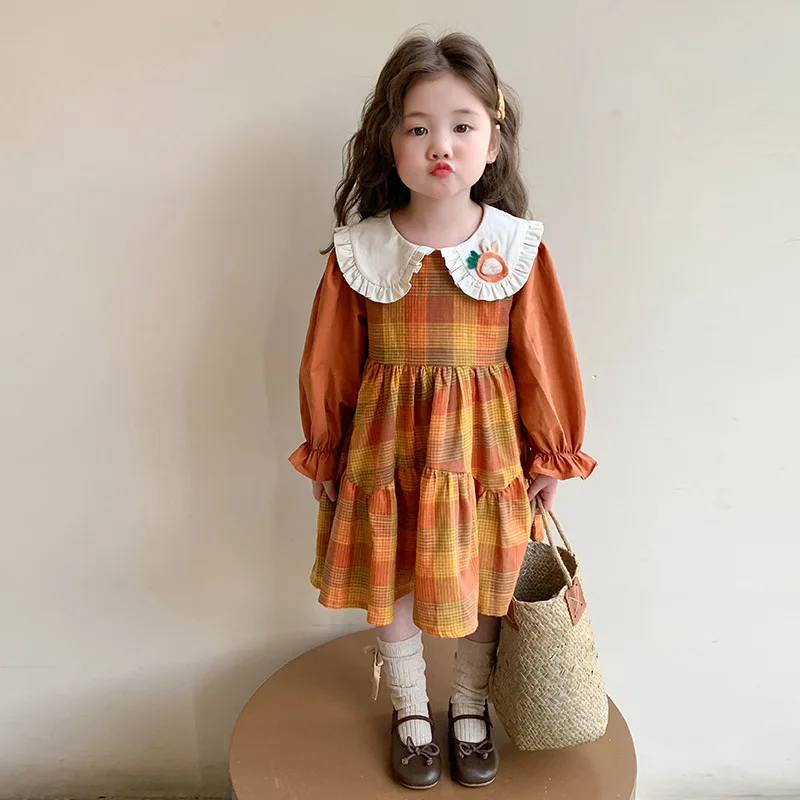 

Girls Spring and Autumn Long Sleeve Cute Doll Collar Dress2025New Baby Spring Fashion Korean Style Plaid Skirt