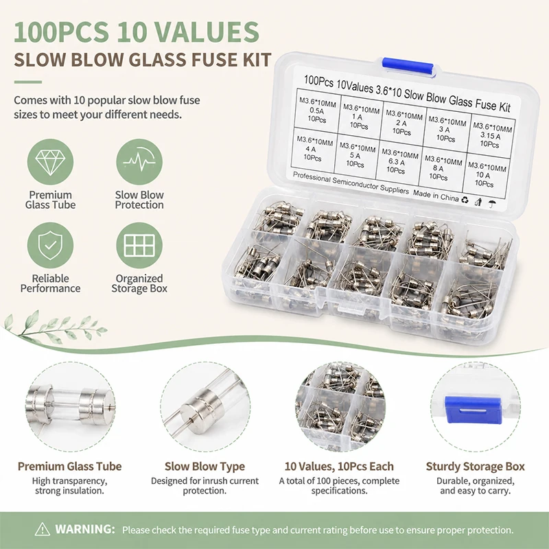 

Axial Glass Tube Fuse Kit 100pcs 10 Kinds 3.6x10mm 250V 0.5A-10A Pigtail Fuse Assortment Box Set