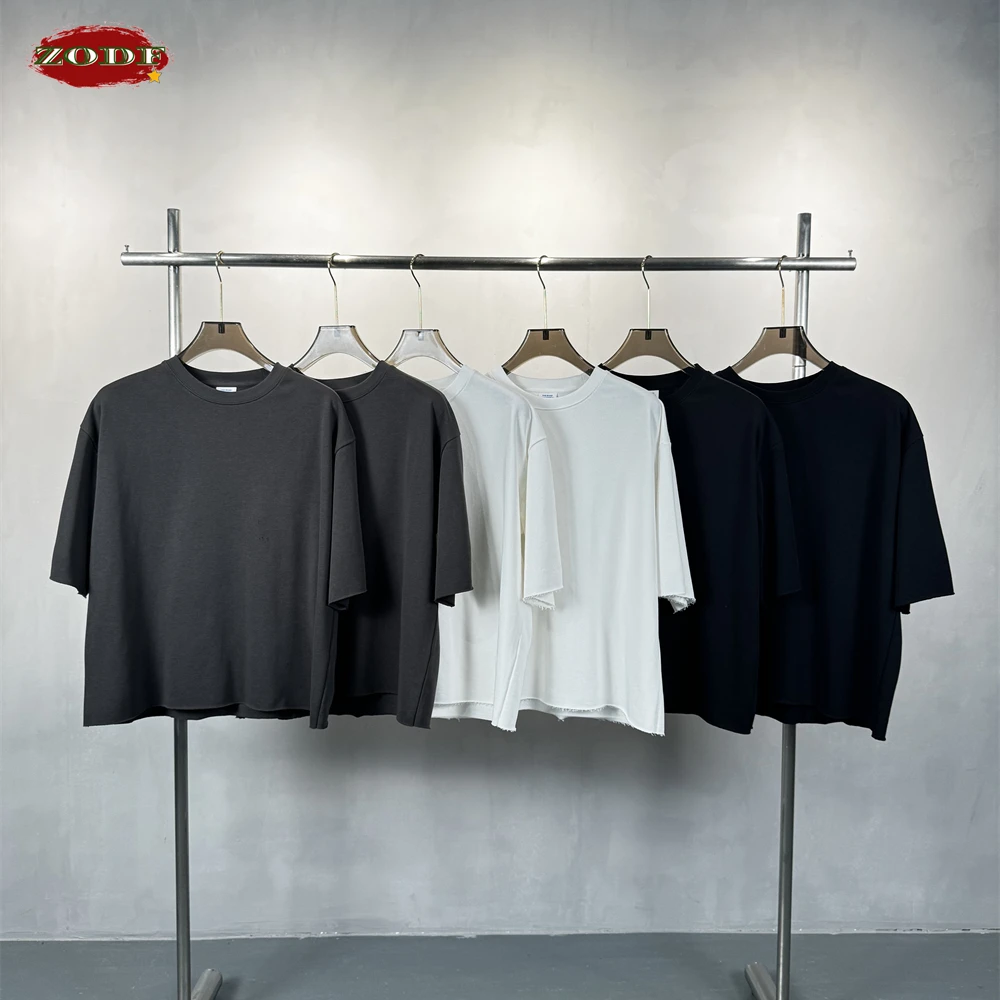 ZODF جديد 2026 الصيف رجل بوكسي تيري تي شيرت للجنسين شارع العليا حافة فضفاضة 280gsm قصيرة الأكمام تي شيرت العلامة التجارية بلايز HY0044