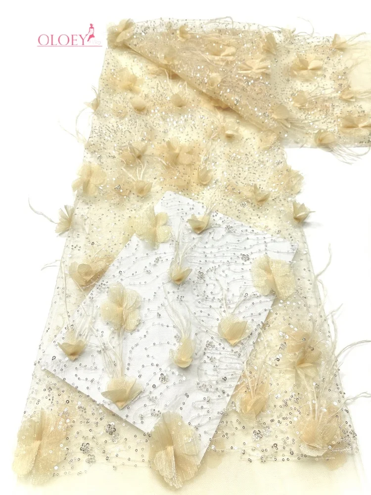 

OLOEY Elegant Evening Dress 3D Flower Lace Fabric African Sequins Beaded Lace Fabric High Quality Nigerian French Tulle Lace Fa